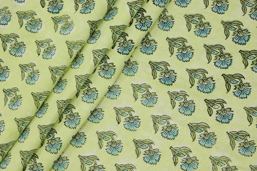 Yellow and Blue block print floral fabric, 100% linen fabric by the yard, pure cotton block print fabric by the meter