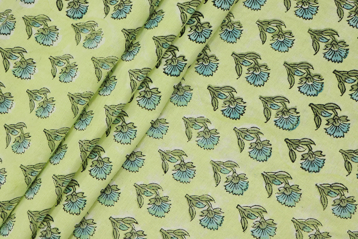 Yellow and Blue block print floral fabric, 100% linen fabric by the yard, pure cotton block print fabric by the meter