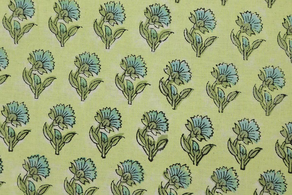 Yellow and Blue block print floral fabric, 100% linen fabric by the yard, pure cotton block print fabric by the meter