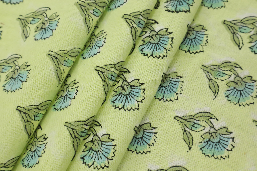 Yellow and Blue block print floral fabric, 100% linen fabric by the yard, pure cotton block print fabric by the meter