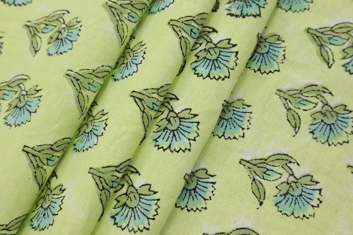 Yellow and Blue block print floral fabric, 100% linen fabric by the yard, pure cotton block print fabric by the meter