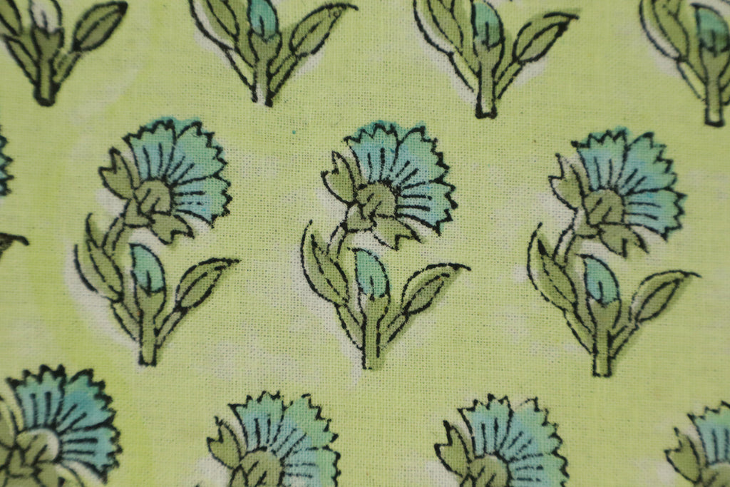 Yellow and Blue block print floral fabric, 100% linen fabric by the yard, pure cotton block print fabric by the meter
