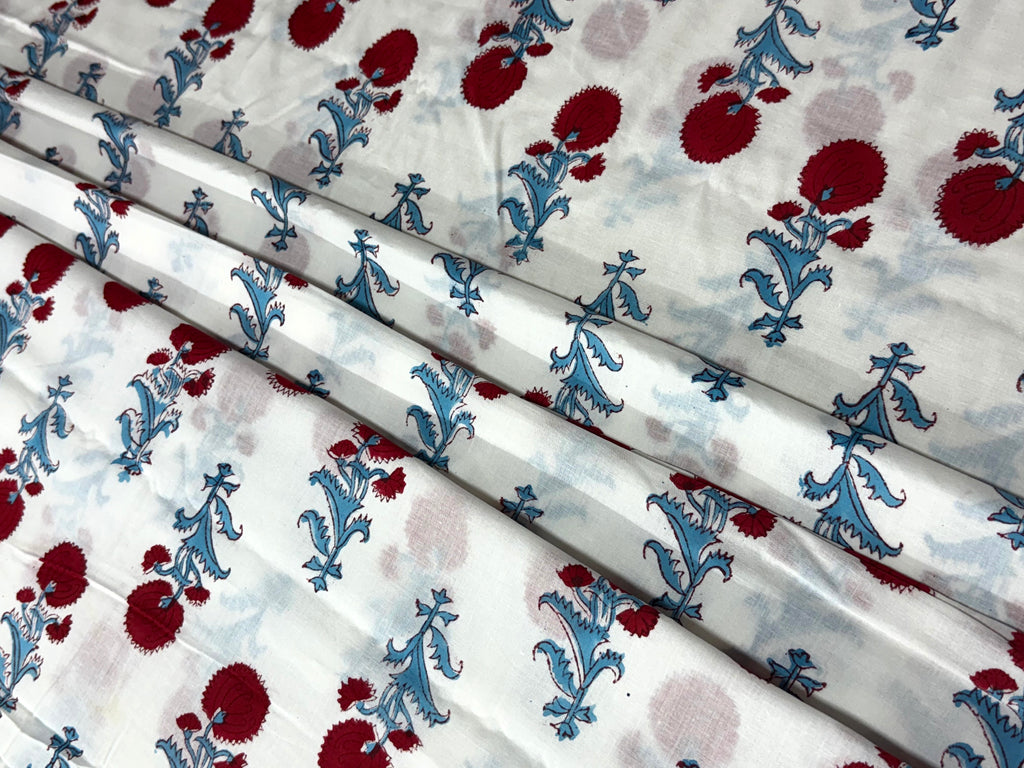 Blue and Red Floral Block Print Cotton Fabric - Indian Floral Design