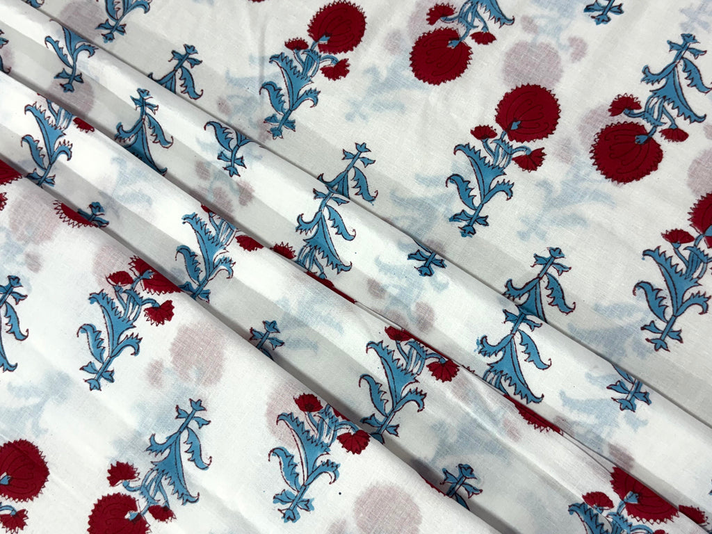 Blue and Red Floral Block Print Cotton Fabric - Indian Floral Design