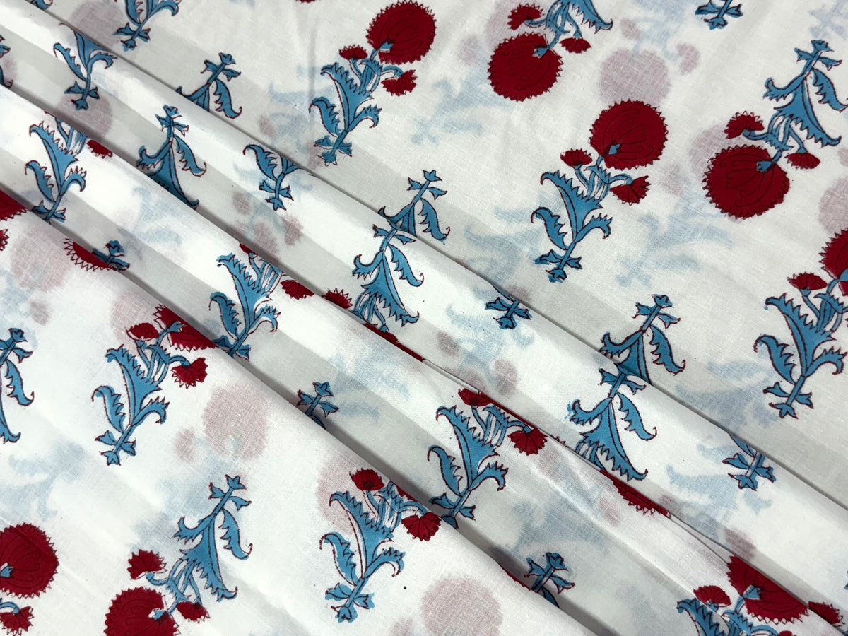 Blue and Red Floral Block Print Cotton Fabric - Indian Floral Design