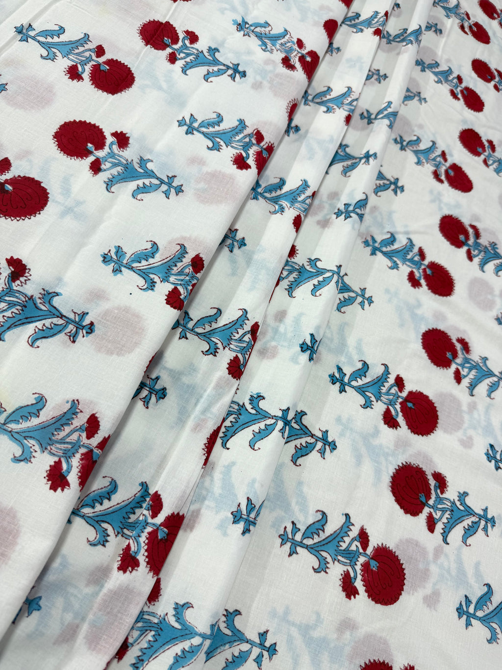 Blue and Red Floral Block Print Cotton Fabric - Indian Floral Design