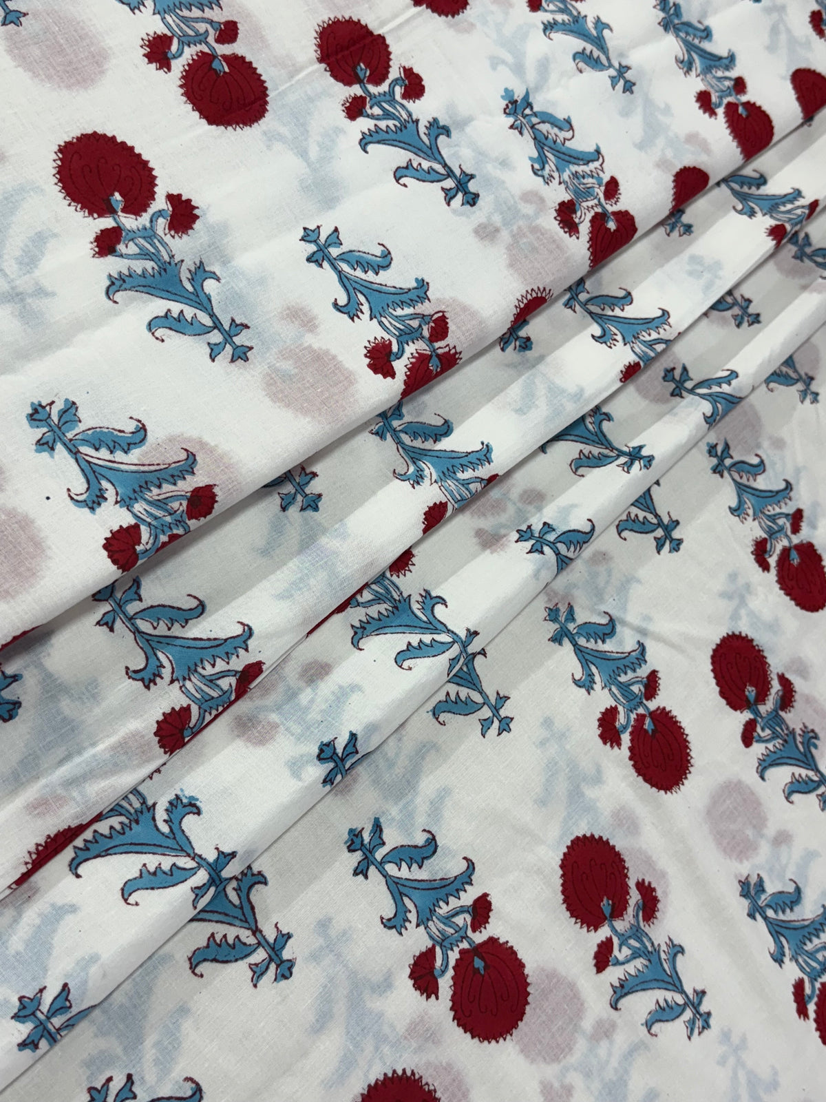 Blue and Red Floral Block Print Cotton Fabric - Indian Floral Design