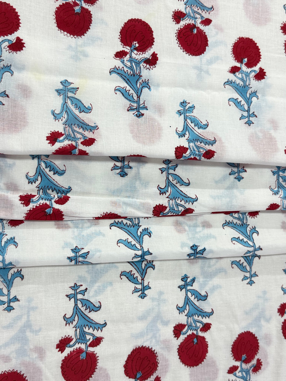 Blue and Red Floral Block Print Cotton Fabric - Indian Floral Design