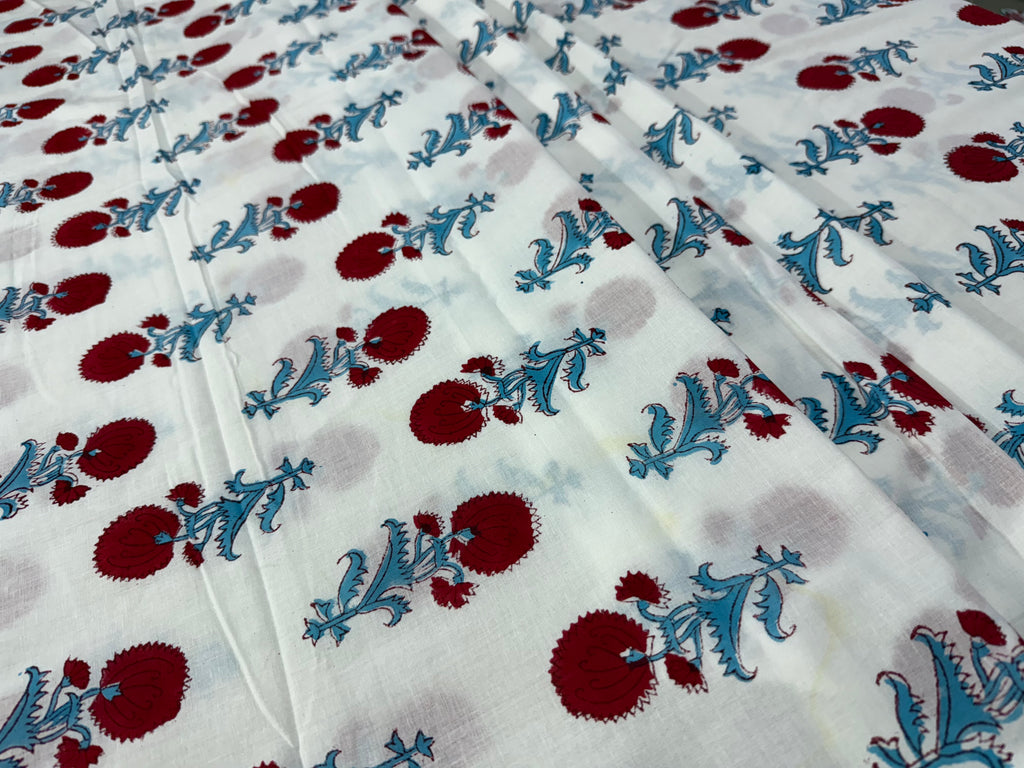 Blue and Red Floral Block Print Cotton Fabric - Indian Floral Design