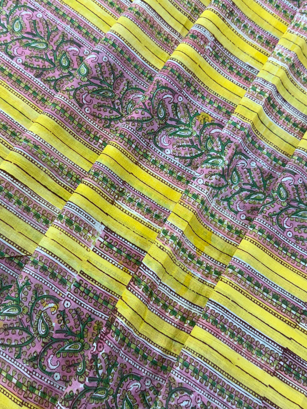 Yellow and Pink Floral Block Print Cotton Fabric - Indian Geometric Design