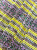 Yellow and Pink Floral Block Print Cotton Fabric - Indian Geometric Design
