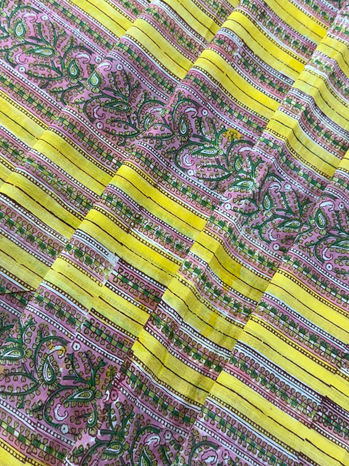 Yellow and Pink Floral Block Print Cotton Fabric - Indian Geometric Design