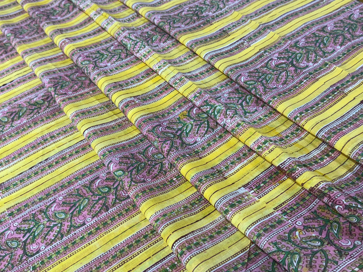 Yellow and Pink Floral Block Print Cotton Fabric - Indian Geometric Design