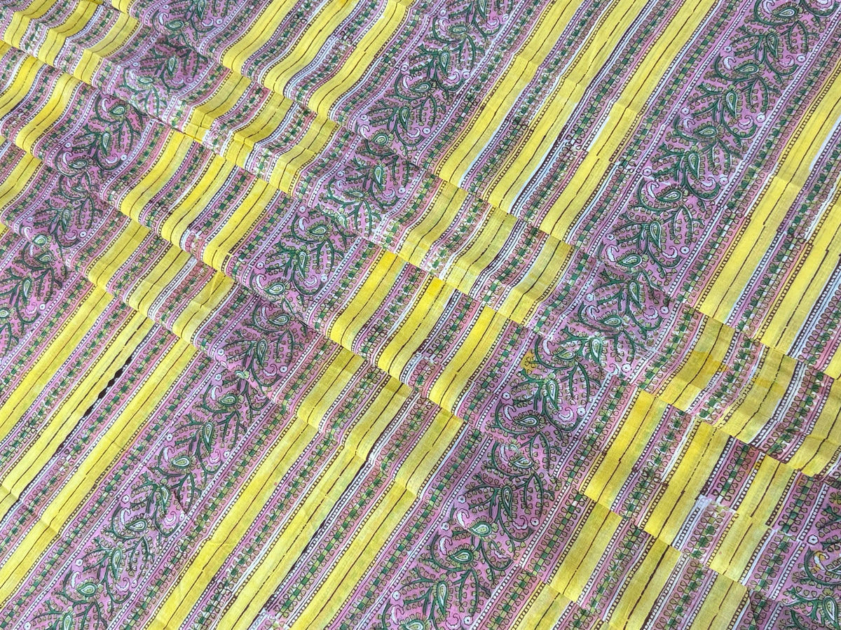 Yellow and Pink Floral Block Print Cotton Fabric - Indian Geometric Design