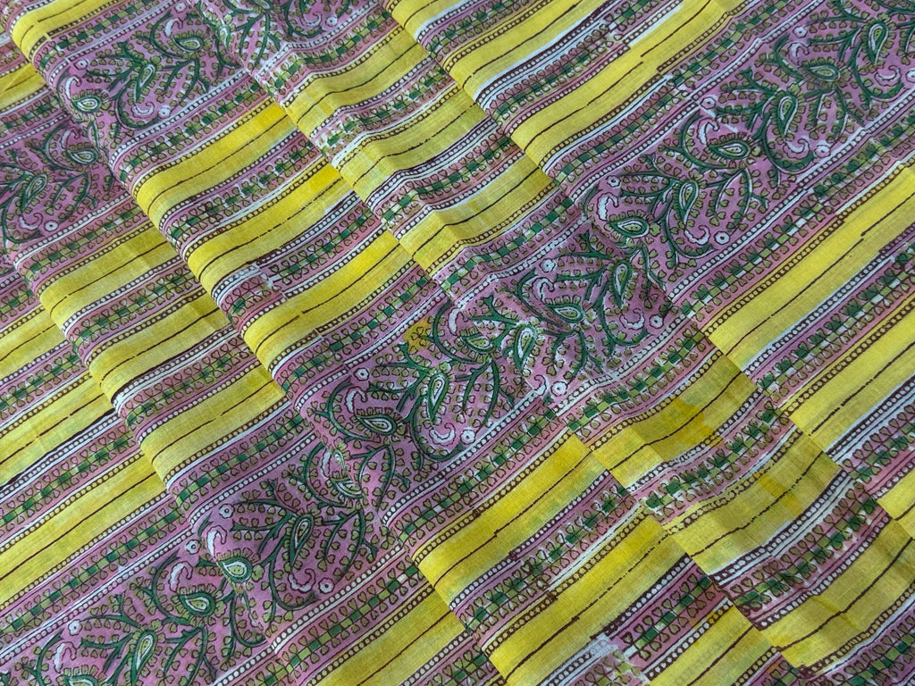 Yellow and Pink Floral Block Print Cotton Fabric - Indian Geometric Design