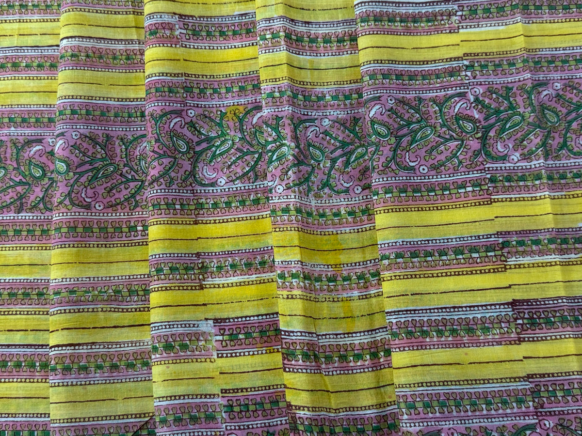 Yellow and Pink Floral Block Print Cotton Fabric - Indian Geometric Design