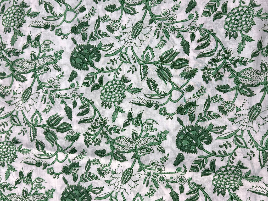 Green and White Floral Block Print Cotton Fabric - Indian Floral Design