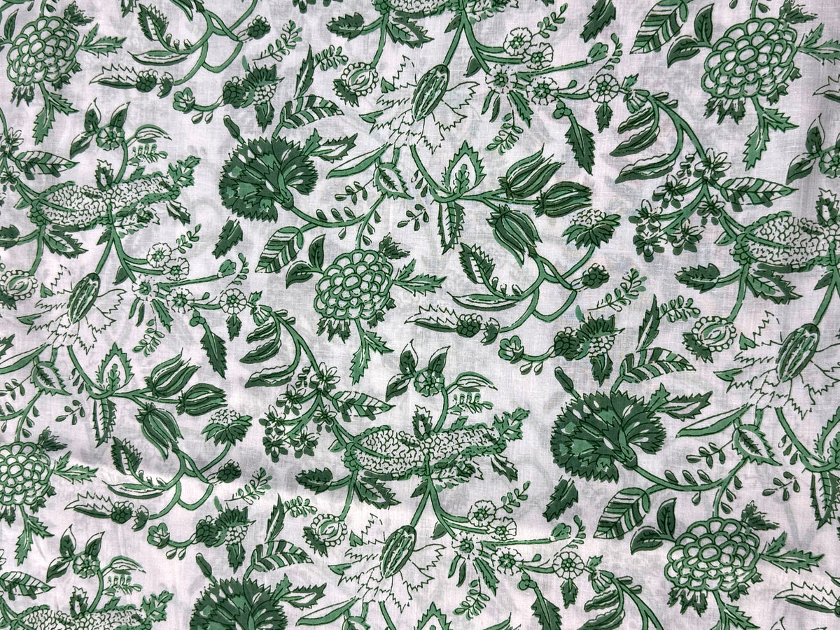 Green and White Floral Block Print Cotton Fabric - Indian Floral Design