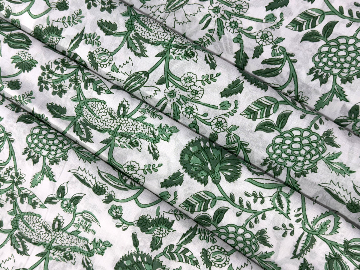 Green and White Floral Block Print Cotton Fabric - Indian Floral Design