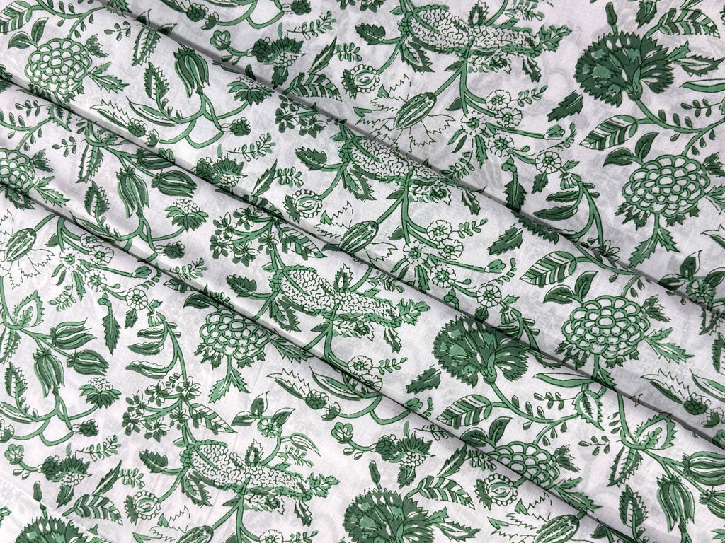Green and White Floral Block Print Cotton Fabric - Indian Floral Design