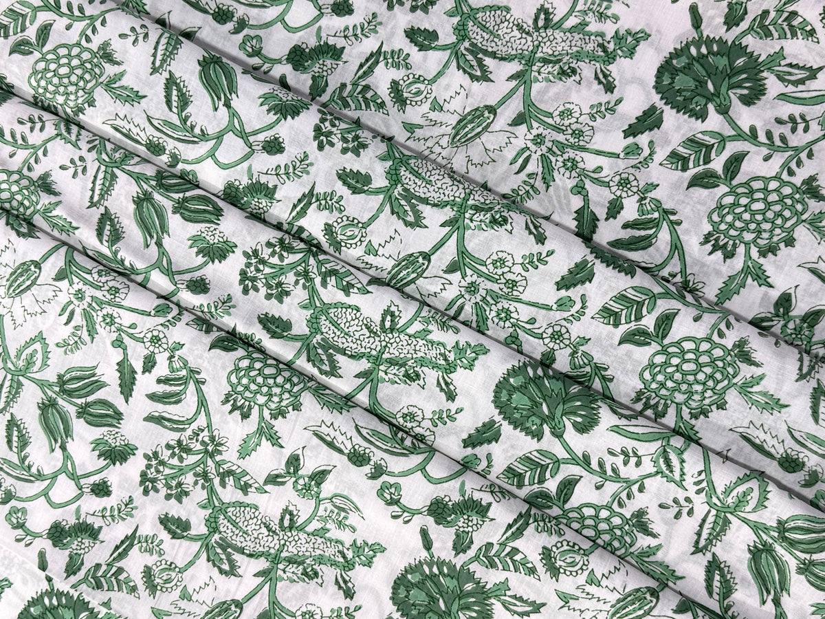 Green and White Floral Block Print Cotton Fabric - Indian Floral Design