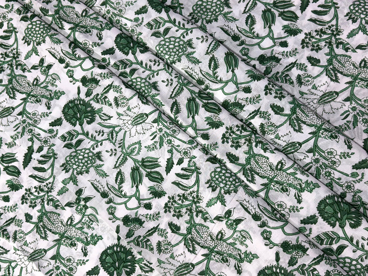 Green and White Floral Block Print Cotton Fabric - Indian Floral Design