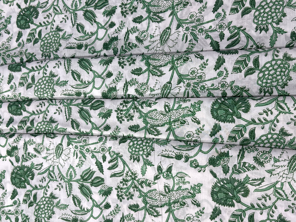 Green and White Floral Block Print Cotton Fabric - Indian Floral Design