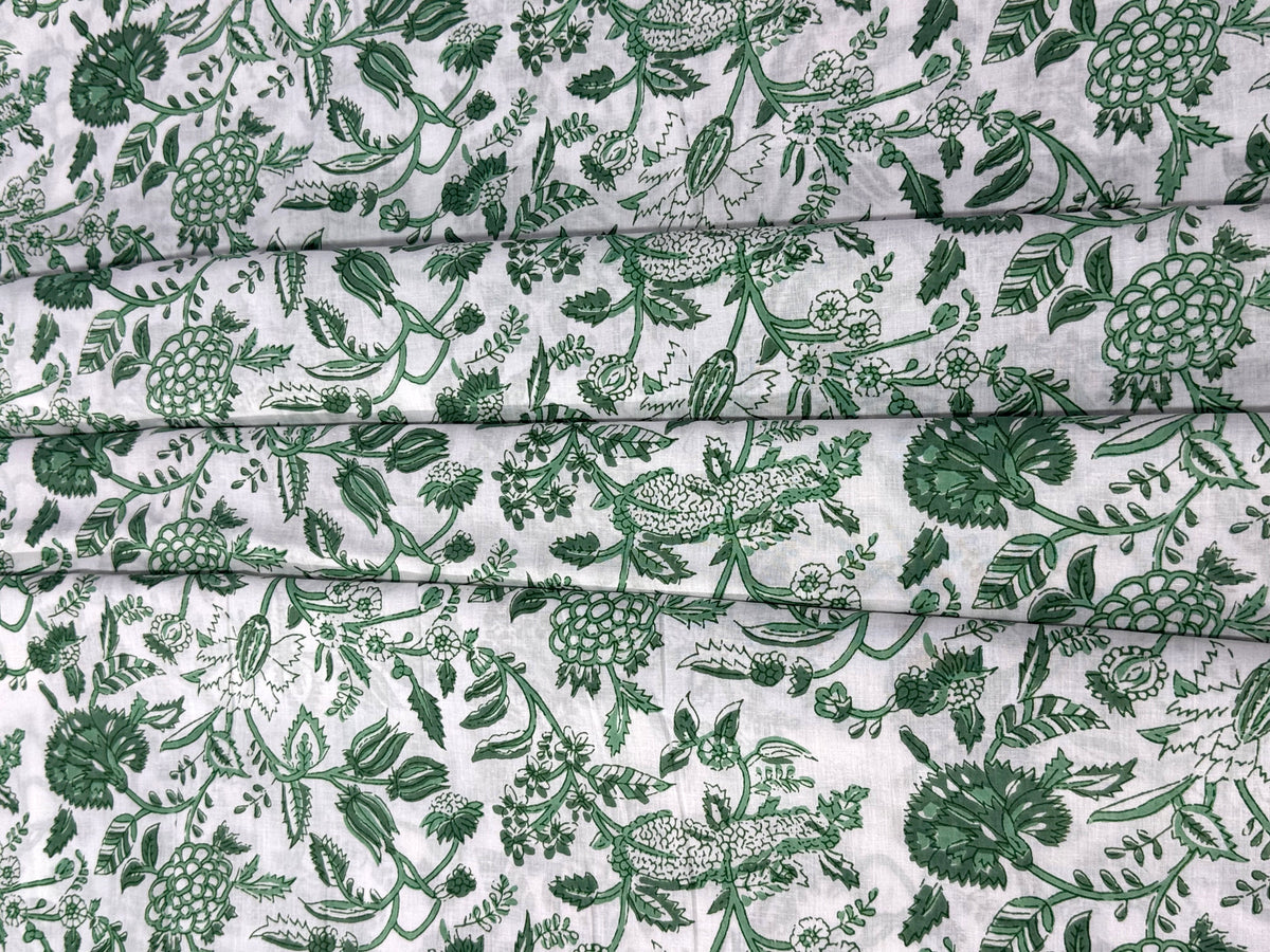 Green and White Floral Block Print Cotton Fabric - Indian Floral Design