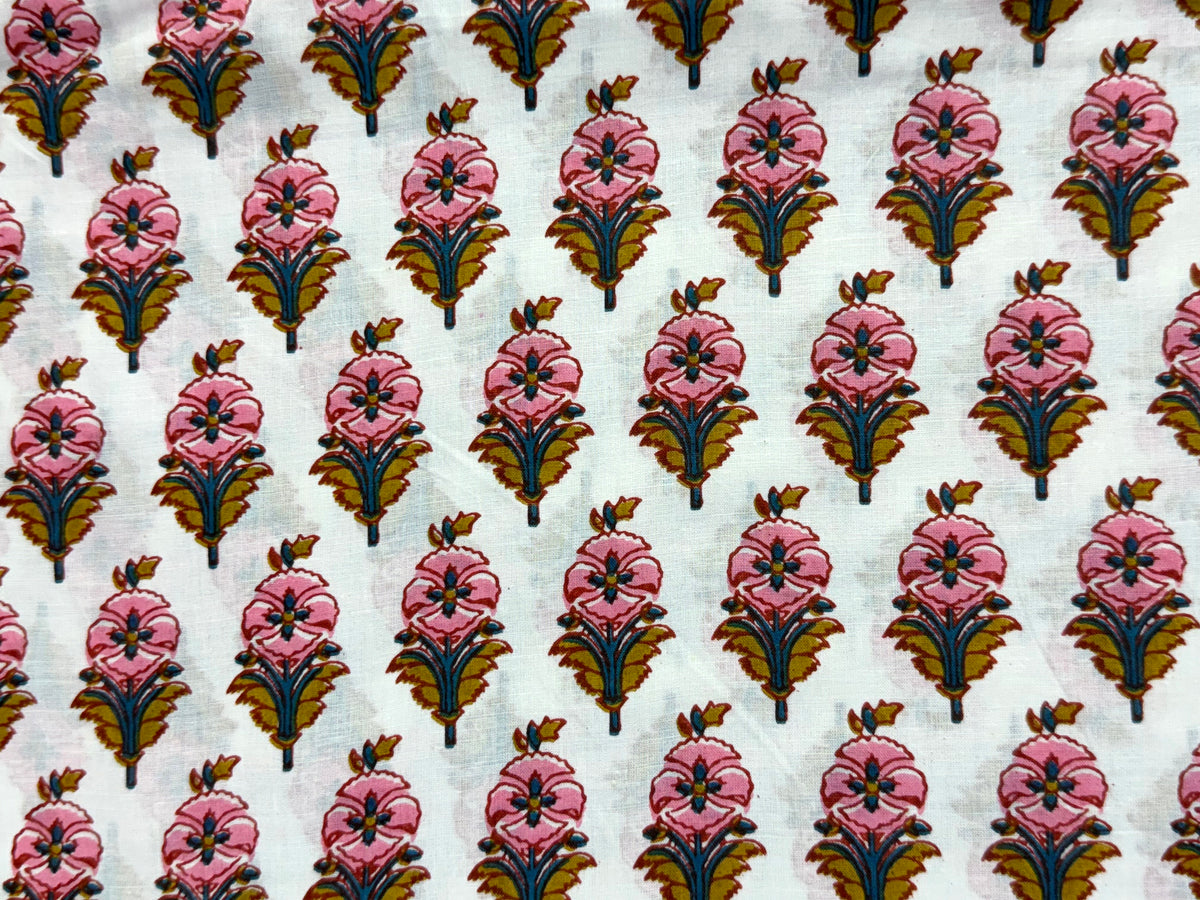 Pink and White Floral Block Print Cotton Fabric - Indian Floral Design