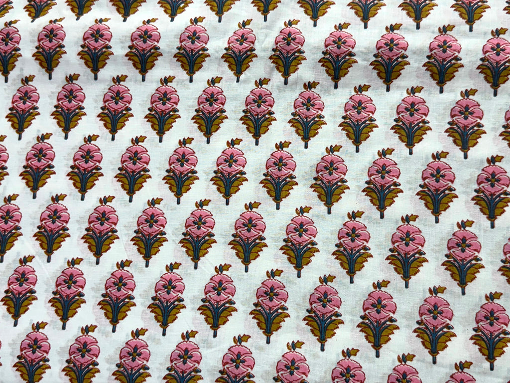 Pink and White Floral Block Print Cotton Fabric - Indian Floral Design