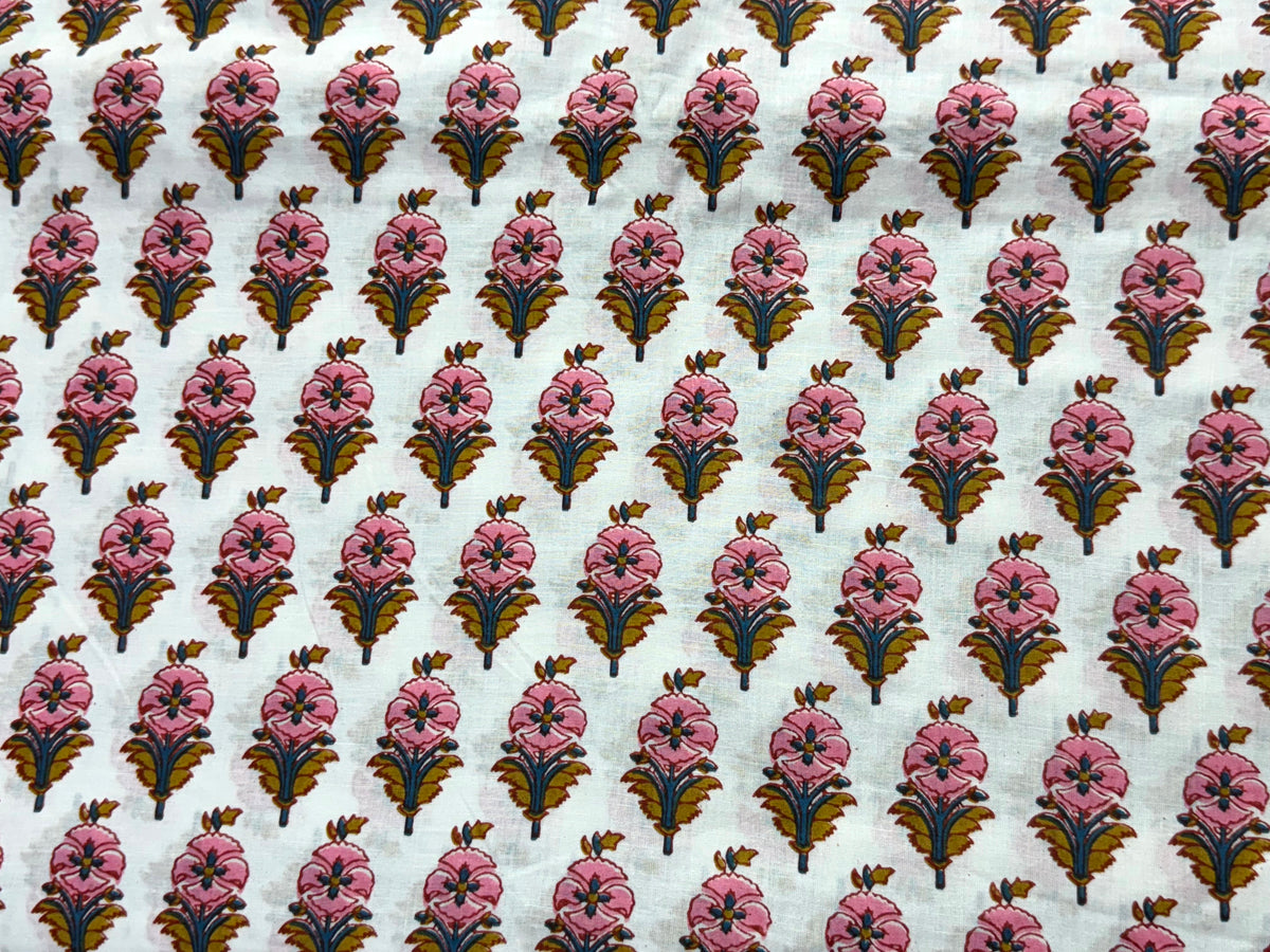 Pink and White Floral Block Print Cotton Fabric - Indian Floral Design