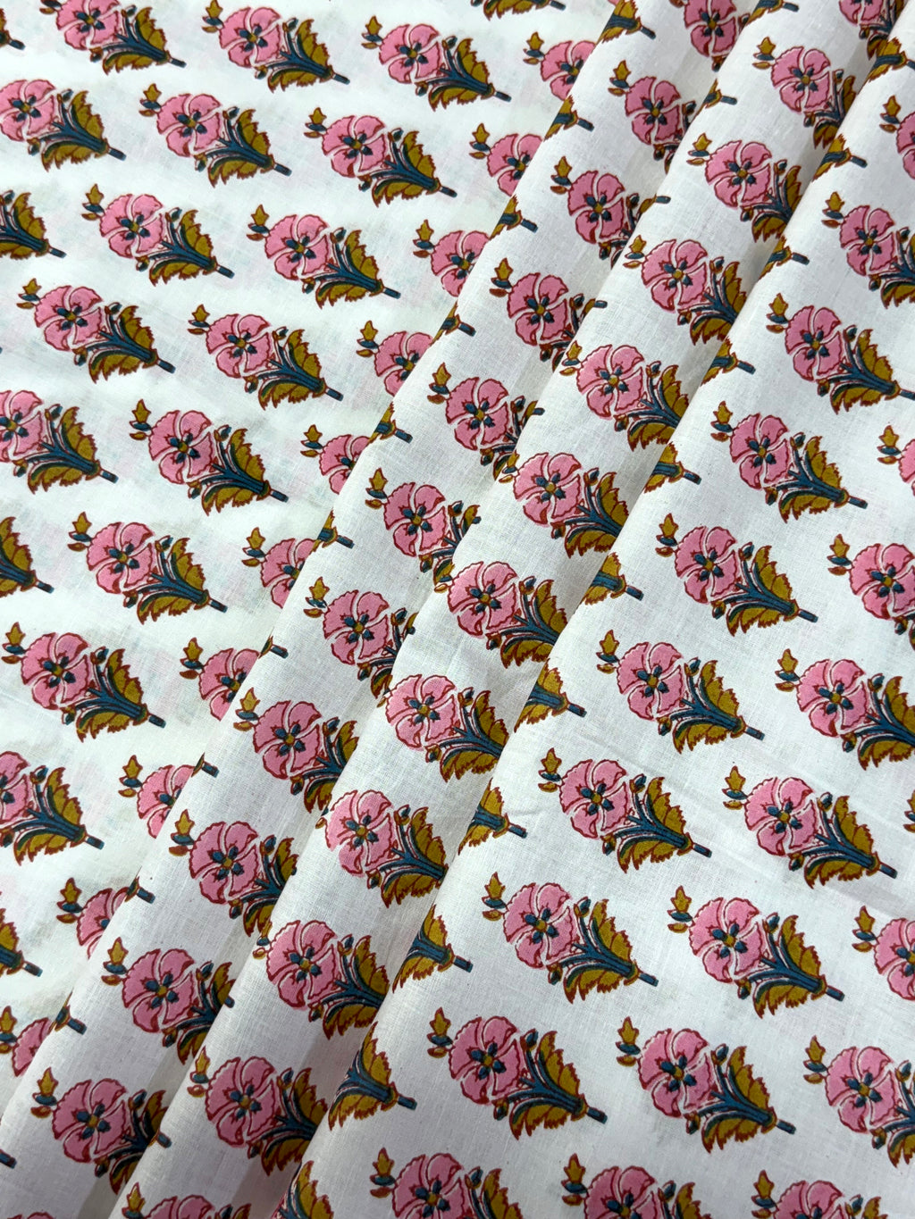 Pink and White Floral Block Print Cotton Fabric - Indian Floral Design