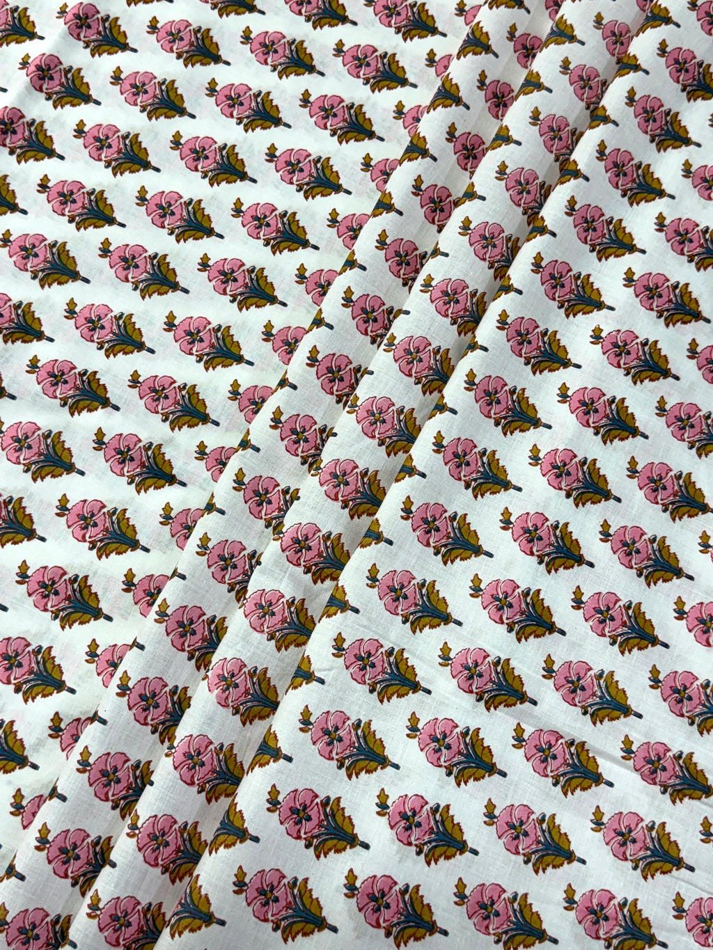 Pink and White Floral Block Print Cotton Fabric - Indian Floral Design