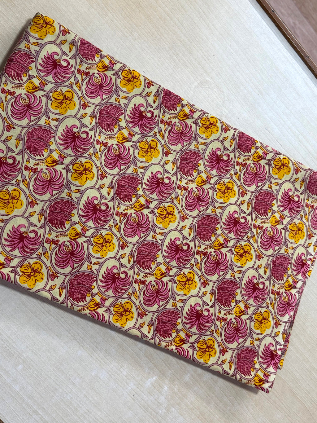 Pink and Yellow Floral Block Print Cotton Fabric - Indian Floral Design