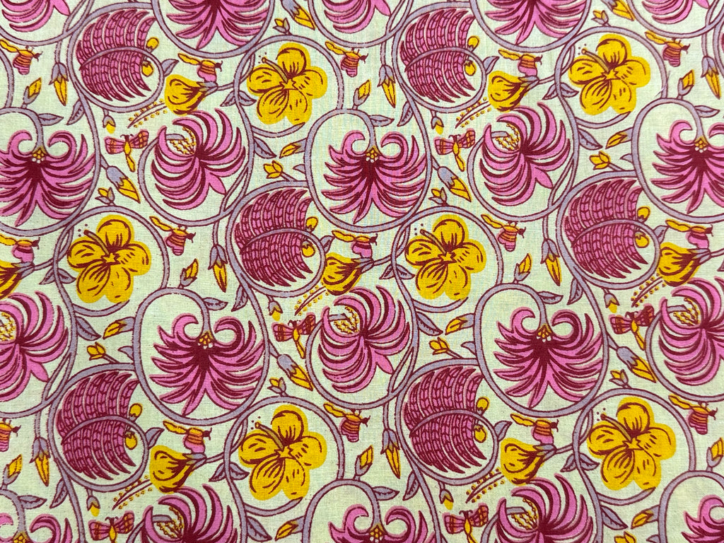 Pink and Yellow Floral Block Print Cotton Fabric - Indian Floral Design