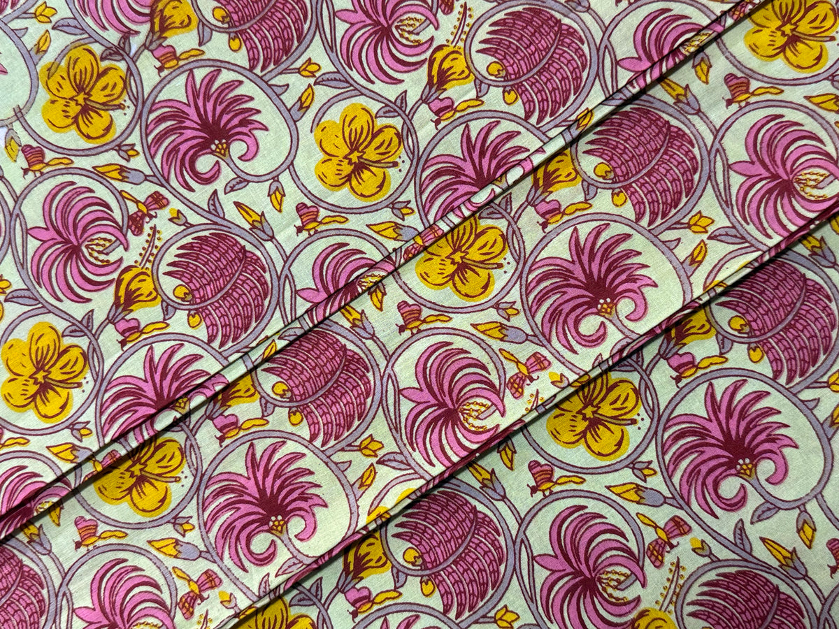 Pink and Yellow Floral Block Print Cotton Fabric - Indian Floral Design