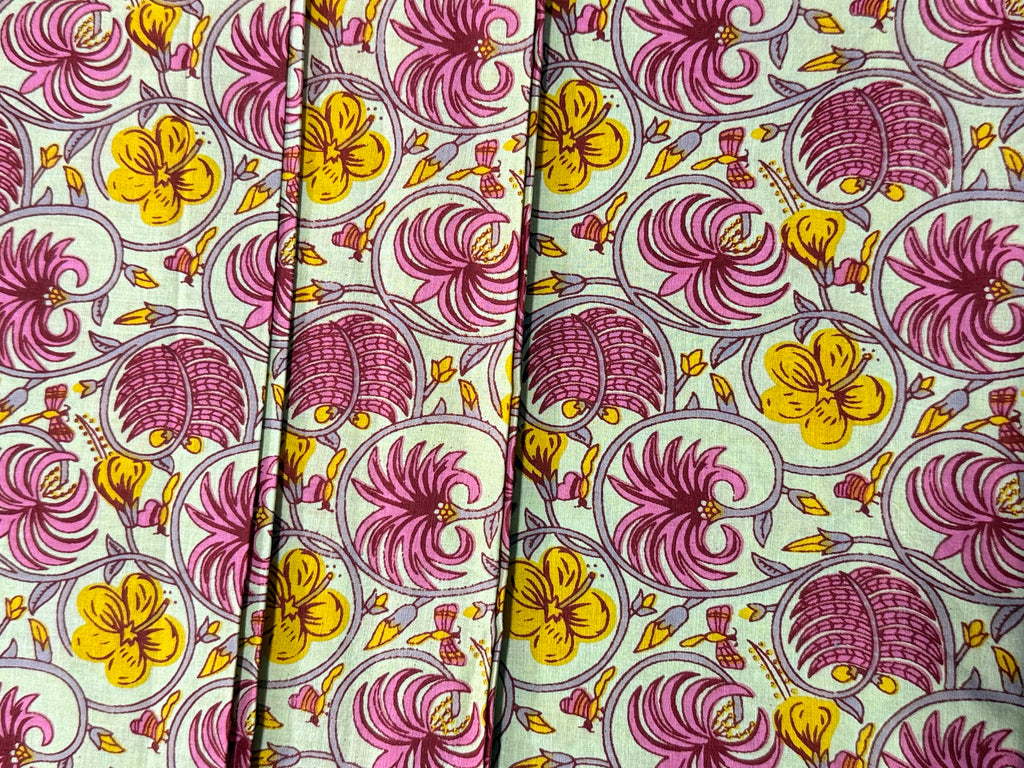 Pink and Yellow Floral Block Print Cotton Fabric - Indian Floral Design