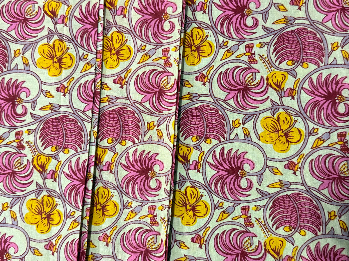 Pink and Yellow Floral Block Print Cotton Fabric - Indian Floral Design