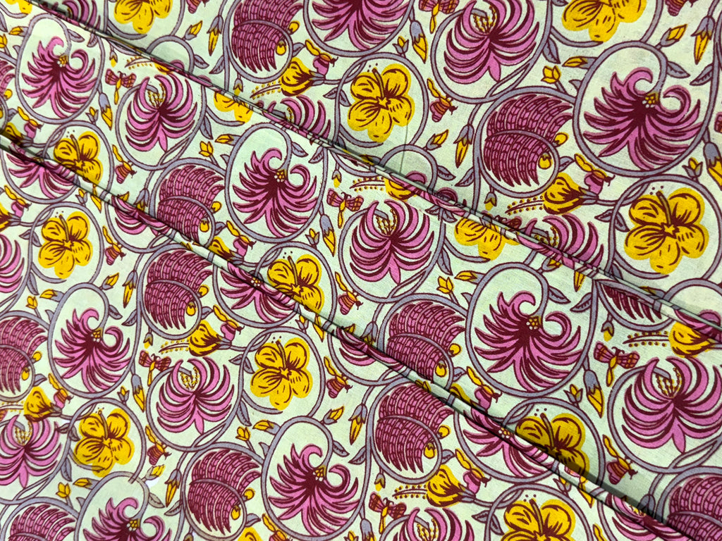 Pink and Yellow Floral Block Print Cotton Fabric - Indian Floral Design