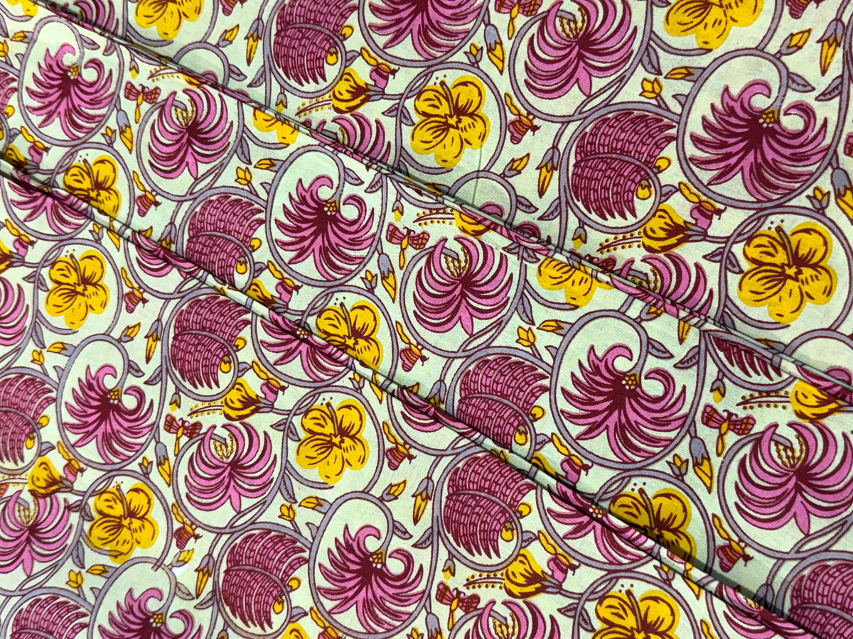 Pink and Yellow Floral Block Print Cotton Fabric - Indian Floral Design