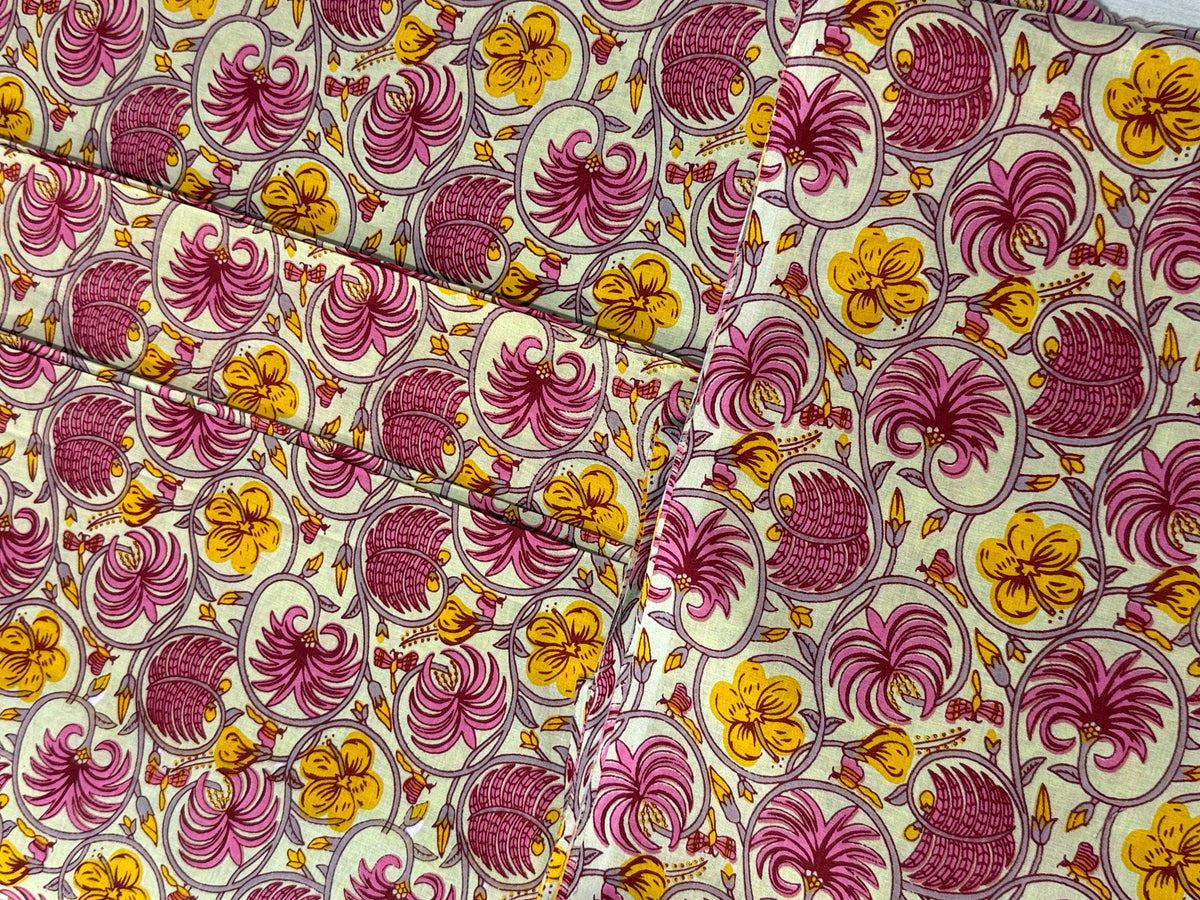 Pink and Yellow Floral Block Print Cotton Fabric - Indian Floral Design
