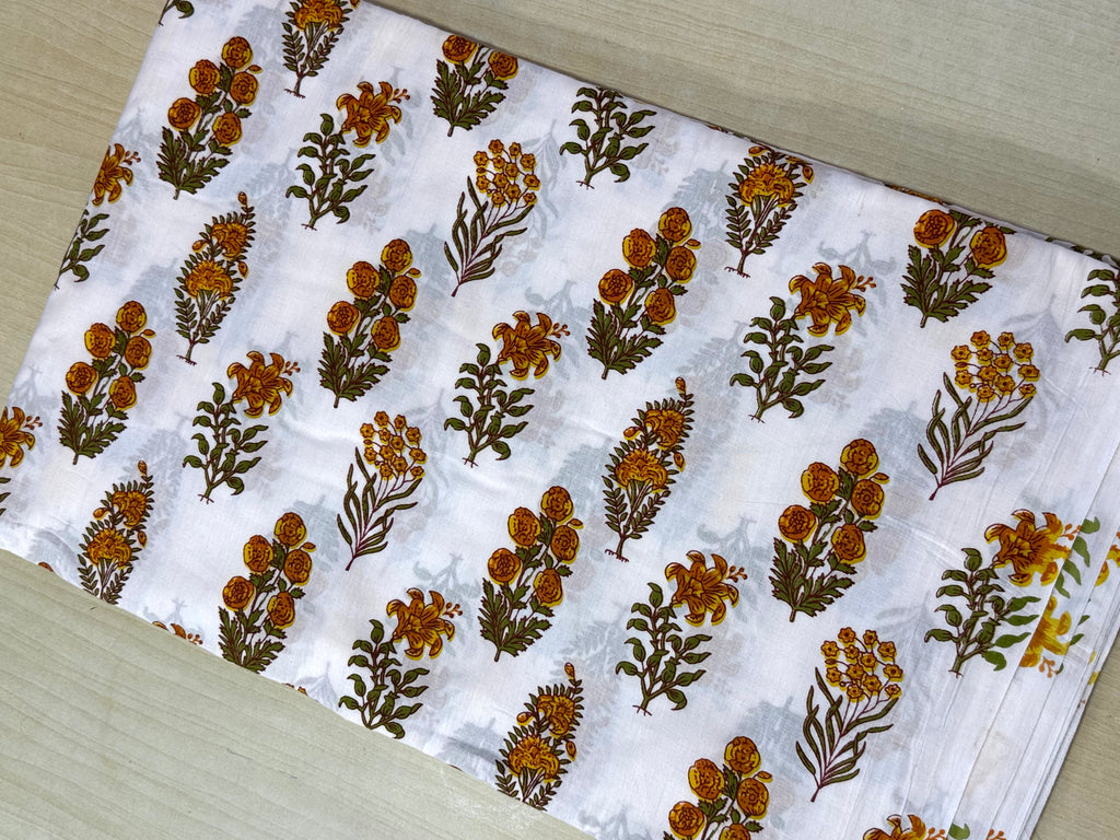 Yellow and White Floral Block Print Cotton Fabric - Indian Floral Design
