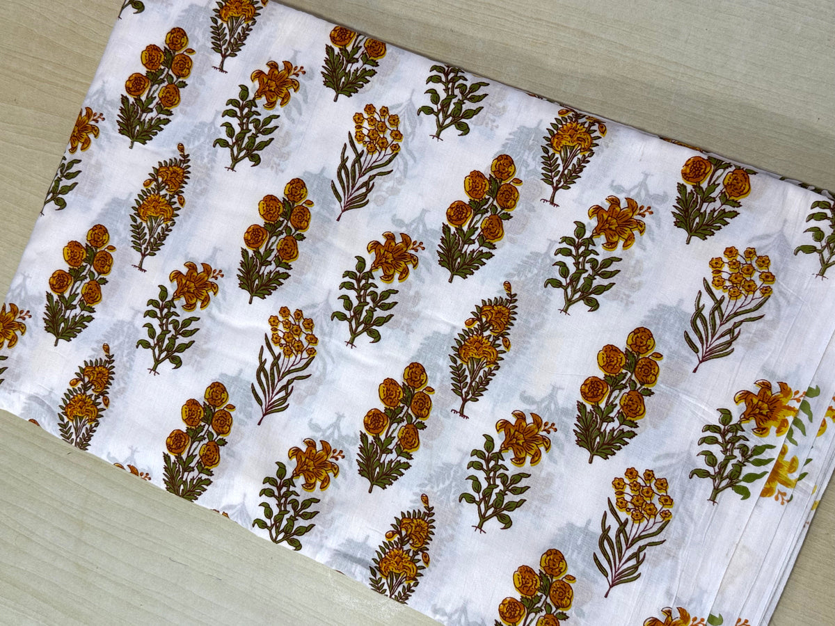 Yellow and White Floral Block Print Cotton Fabric - Indian Floral Design