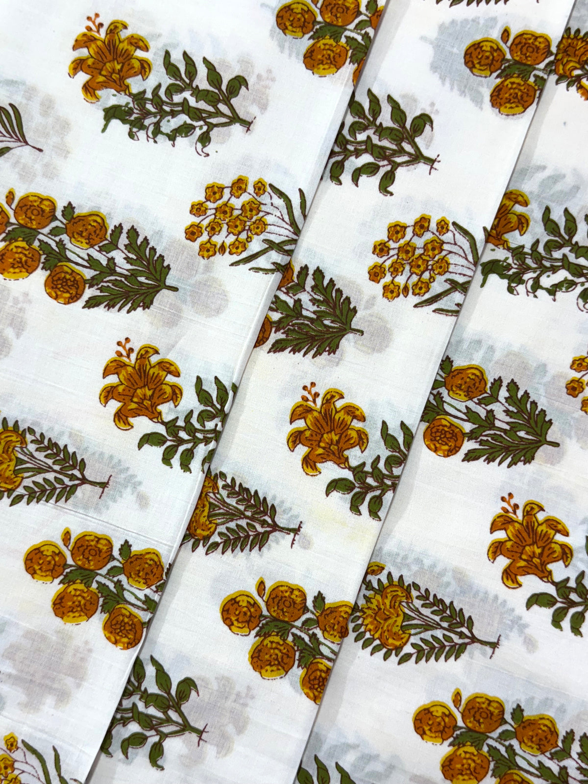 Yellow and White Floral Block Print Cotton Fabric - Indian Floral Design