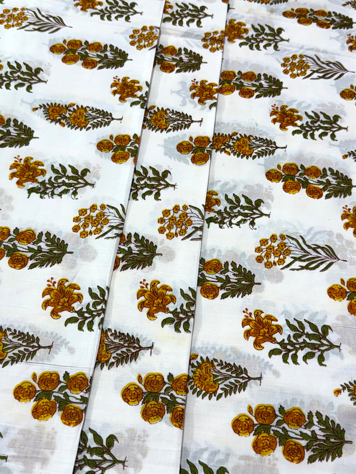Yellow and White Floral Block Print Cotton Fabric - Indian Floral Design