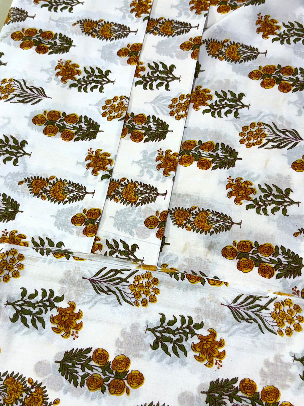 Yellow and White Floral Block Print Cotton Fabric - Indian Floral Design