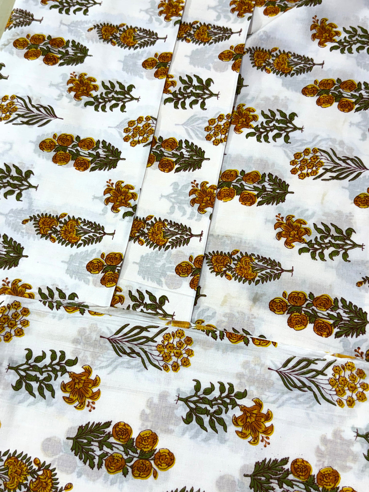Yellow and White Floral Block Print Cotton Fabric - Indian Floral Design
