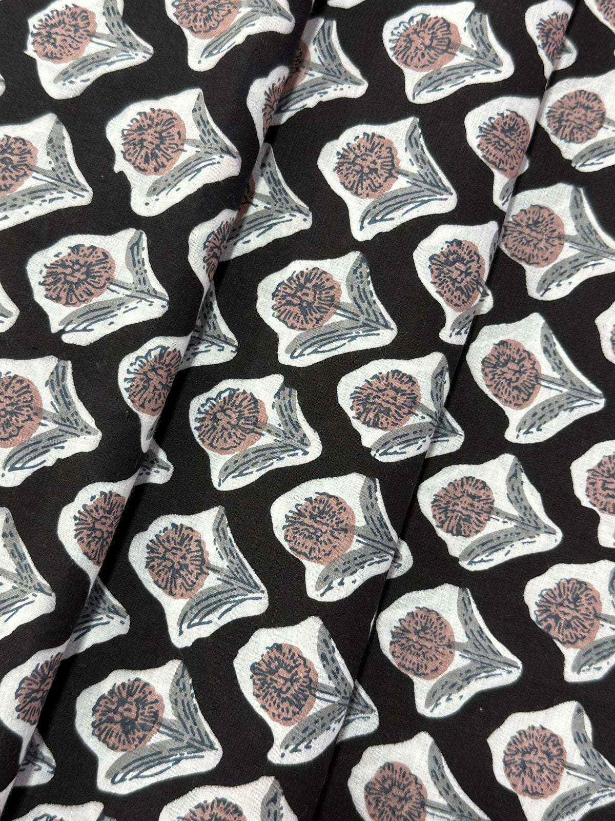 Black and White Floral Block Print Cotton Fabric - Indian Floral Design