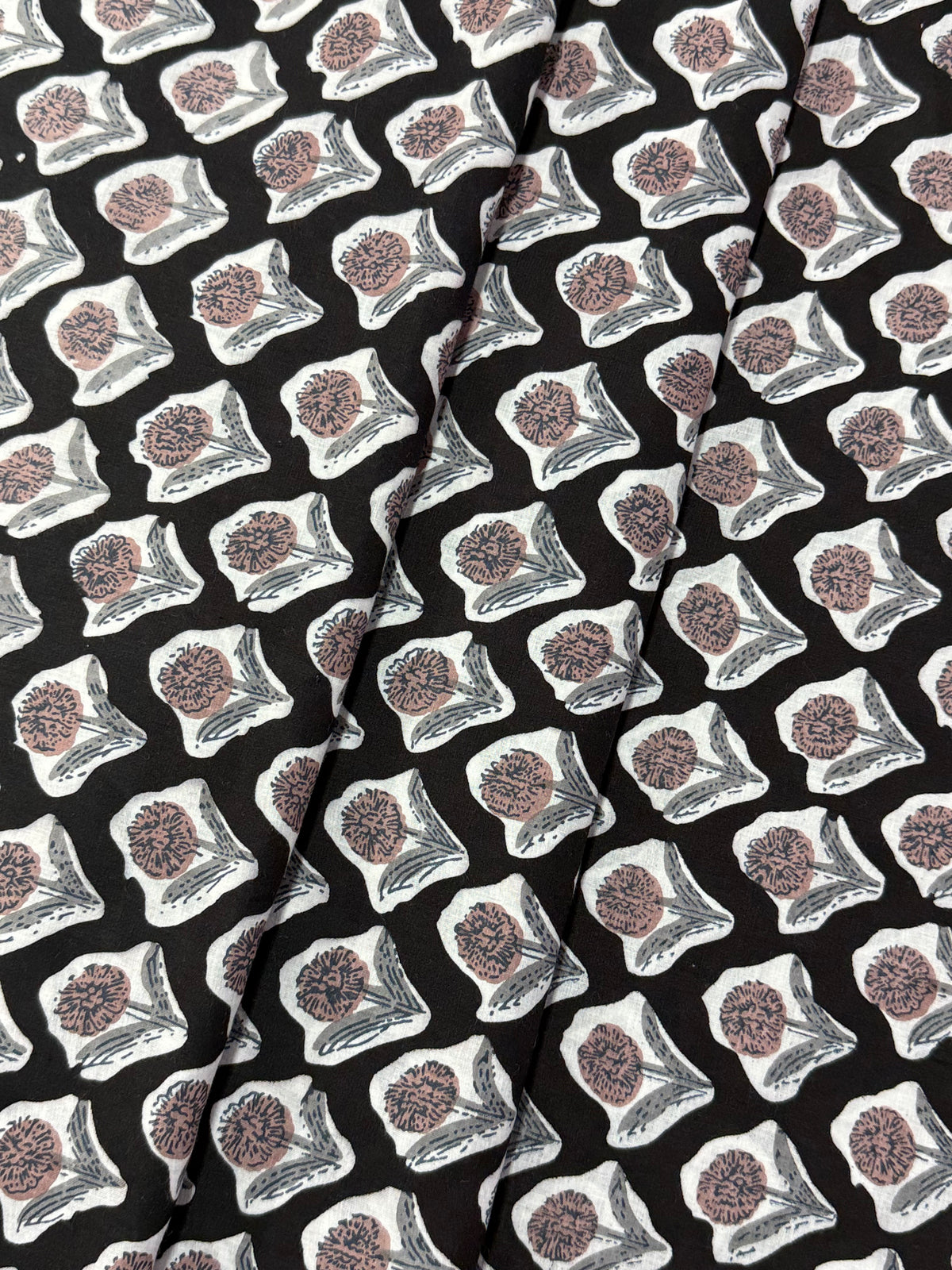 Black and White Floral Block Print Cotton Fabric - Indian Floral Design
