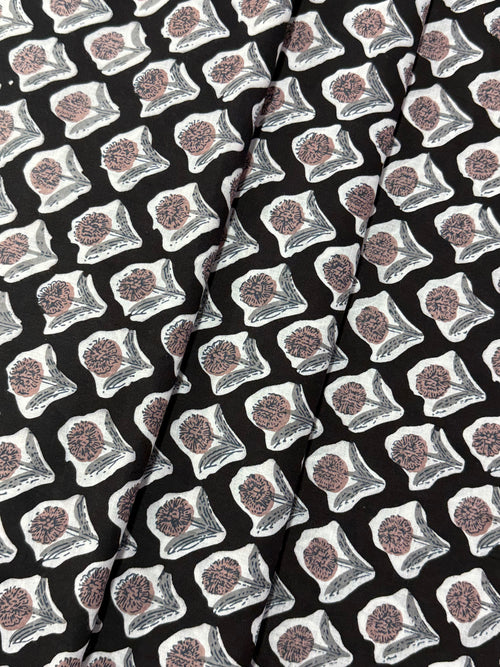 Black and White Floral Block Print Cotton Fabric - Indian Floral Design
